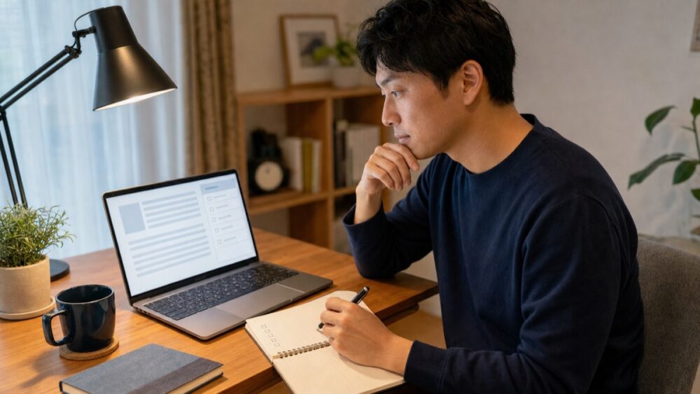 パソコンでWebライターの準備を進める会社員