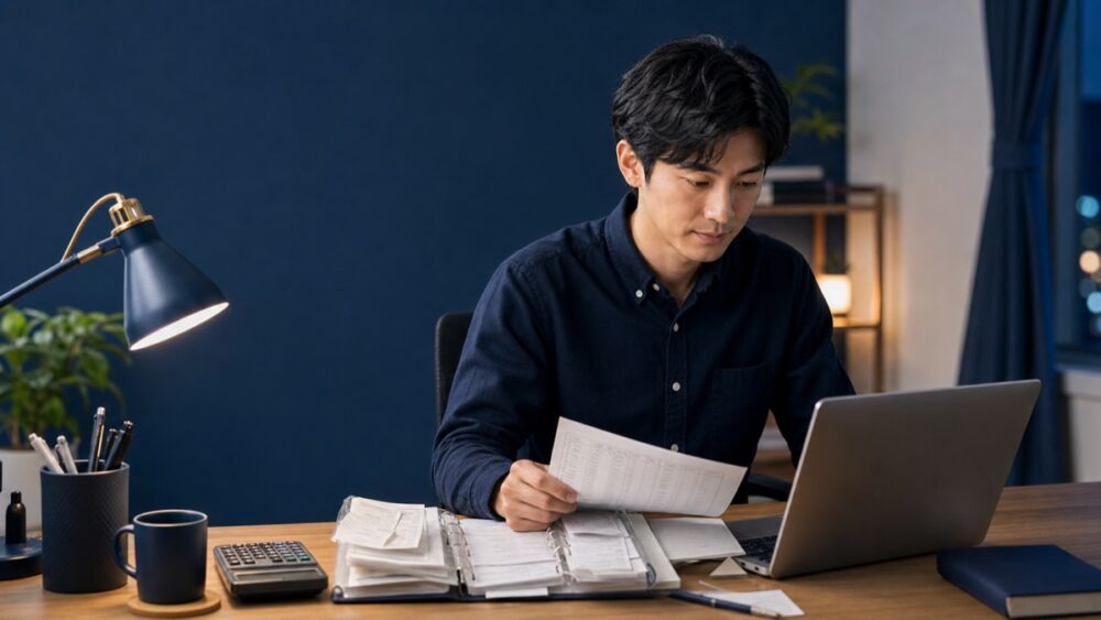簿記2級の知識を活かす副業準備として帳簿とパソコンを確認する会社員