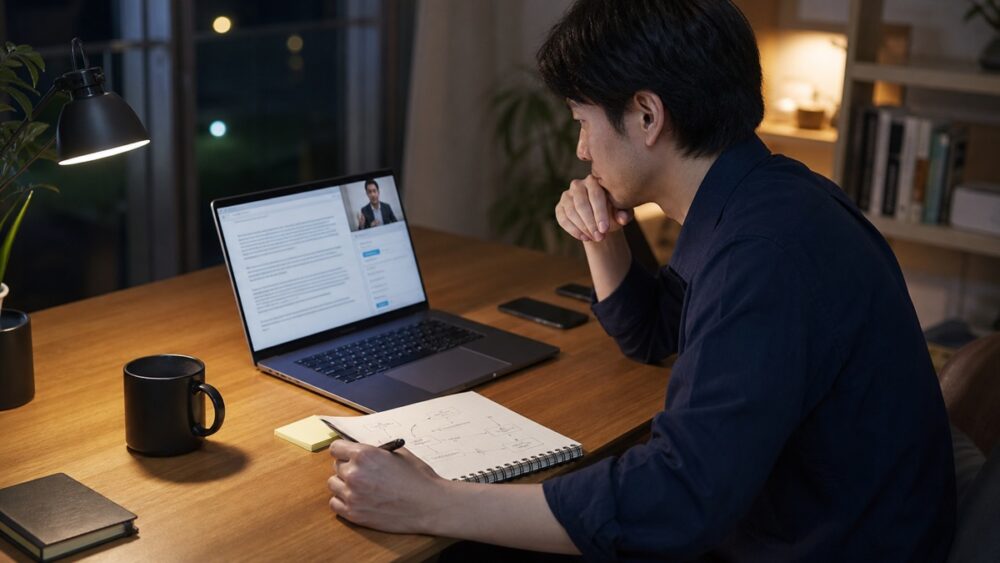 Chapter Twoのオンライン講義と原稿添削を確認する会社員