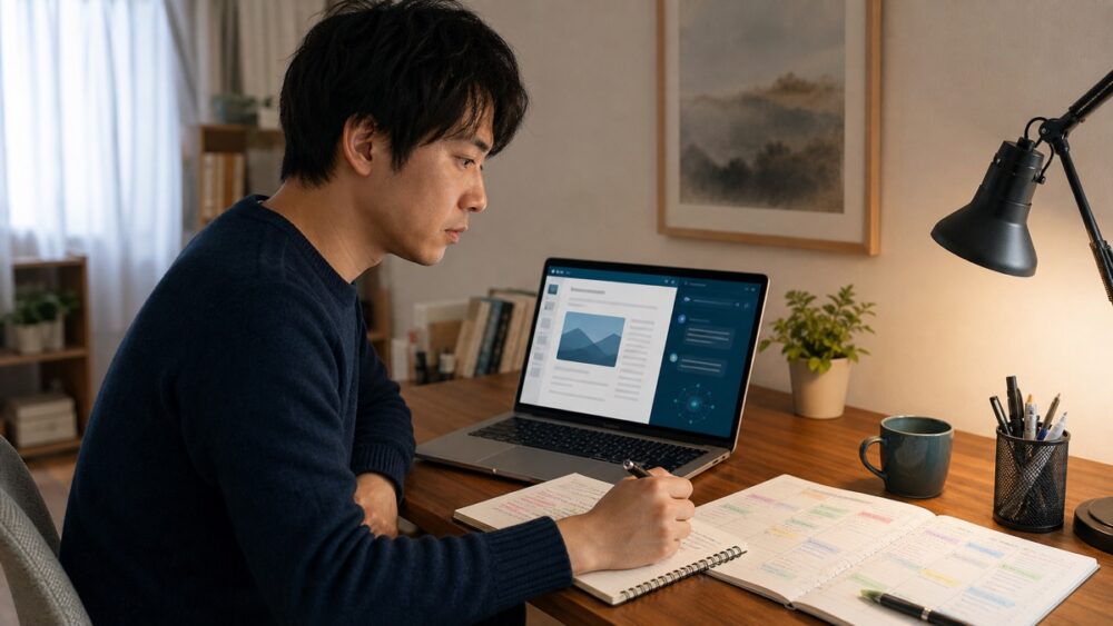 デイトラAIライティングコースの学習画面と添削課題を確認する会社員