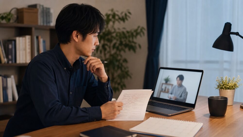 WritingHacksの動画学習と添削条件を確認する会社員